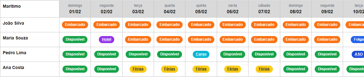 Calendário "rico" com Embarcado, Dobra e Folga