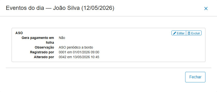 Detalhe de um ASO já alterado, com "Registrado por" e "Alterado por"