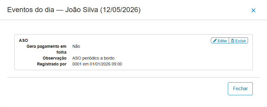 Detalhe "Eventos do dia" do ASO lançado no embarque: Gera pagamento em folha "Não"