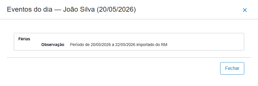 Calendário com dias de Férias e Afastamento importados do RM