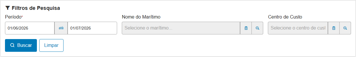 Card de filtros: Período (Data Inicial/Final), Nome do Marítimo e Centro de Custo