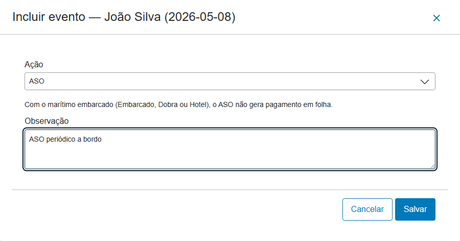 Modal do ASO num dia Embarcado, sem a opção "Gerar folha de pagamento" e com o aviso