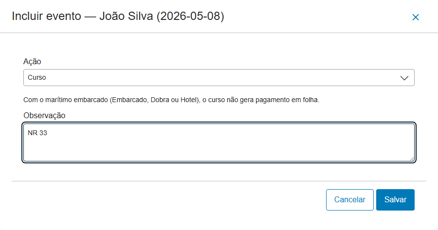 Modal do Curso num dia Embarcado, com o aviso de que não gera pagamento em folha