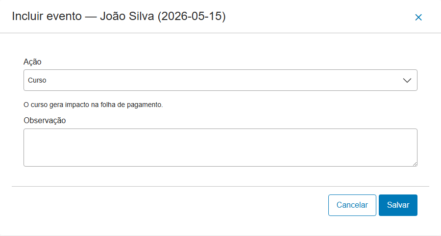 Modal de inclusão — Curso em dia de Folga, com o aviso de impacto na folha