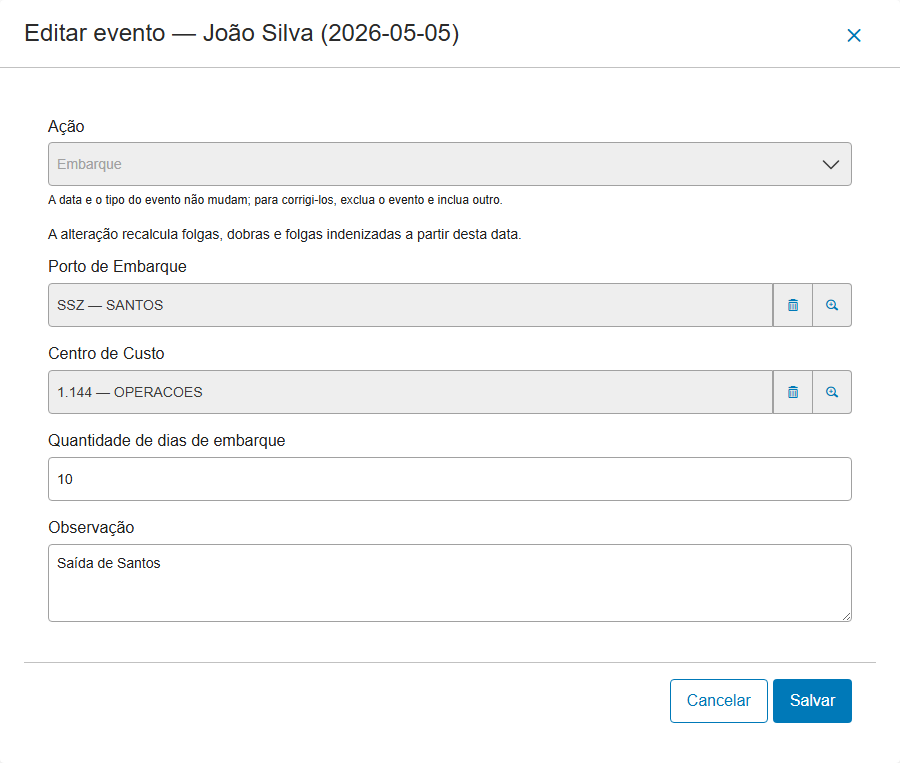 Modal "Editar evento" de um Embarque com a ação travada e os campos preenchidos