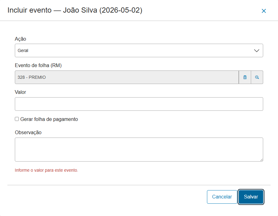 Modal de inclusão exibindo uma mensagem de erro de validação