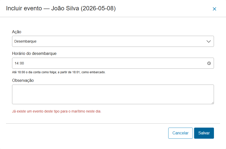Recusa do servidor por duplicidade, com o modal aberto exibindo a mensagem