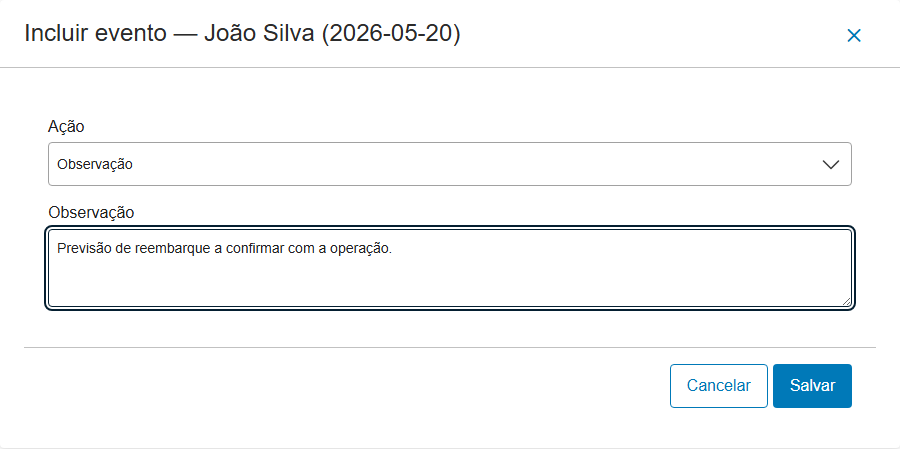 Modal em data futura oferecendo apenas Observação