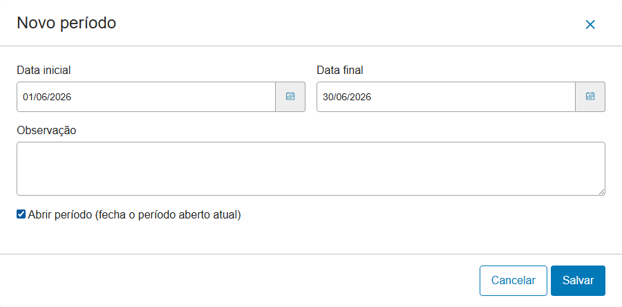 Modal "Novo período": Data inicial, Data final, Observação e o switch "Abrir período"