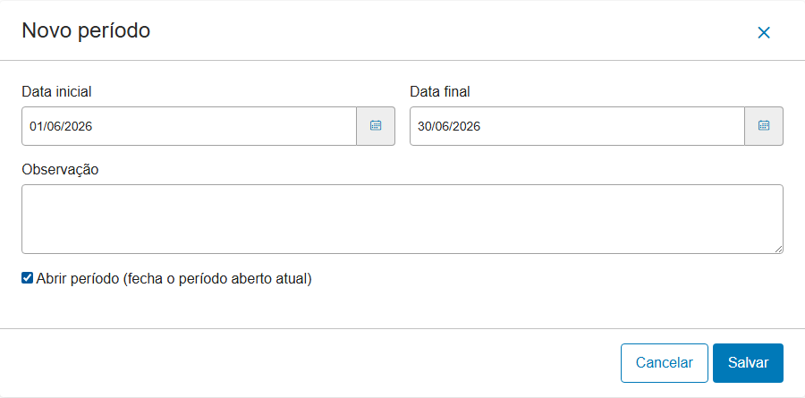 Modal "Novo período": Data inicial, Data final, Observação e o switch "Abrir período"