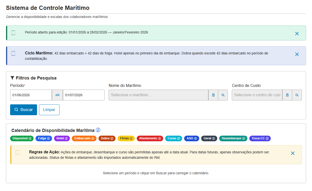 Visão geral do ViewMode: cabeçalho, banners, card de filtros e calendário