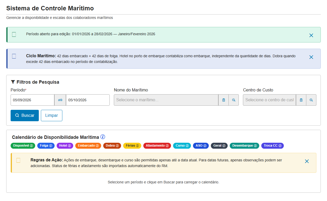 Visão geral do ViewMode: cabeçalho, banners, card de filtros e calendário