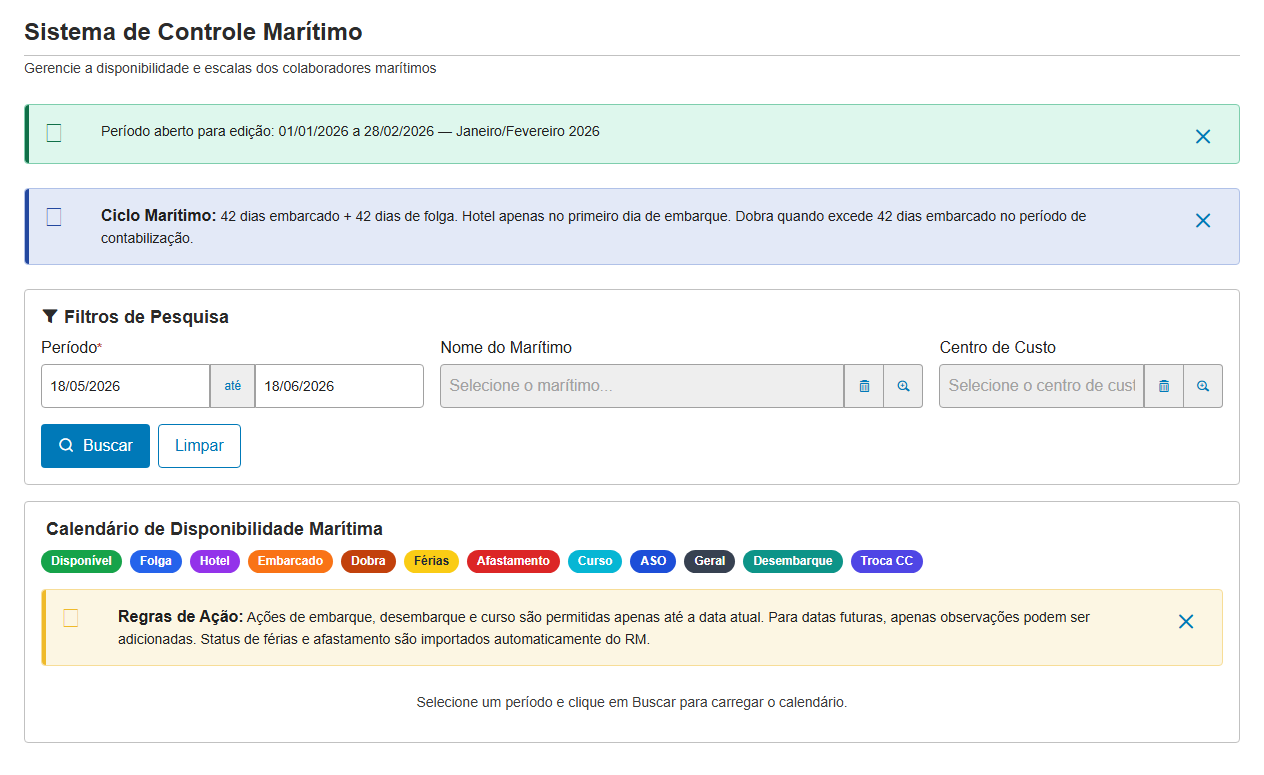 Visão geral do ViewMode: cabeçalho, banners, card de filtros e calendário